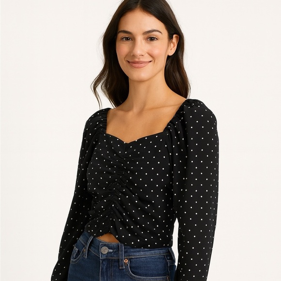 NWT H&M Dots Ruched Long Puff Sleeve Crop - Picture 3 of 8
